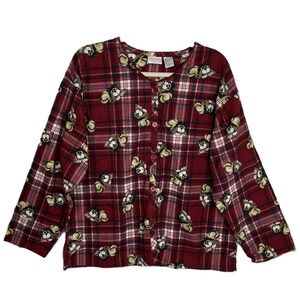 Kathy Ireland Vintage M Red Plaid Novelty Puppy Print Cotton Flannel Sleep Shirt